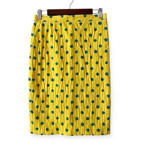 Vintage Ungaro Parallele Yellow Crinkled Pencil Skirt Small Blue Polka Dot Lined